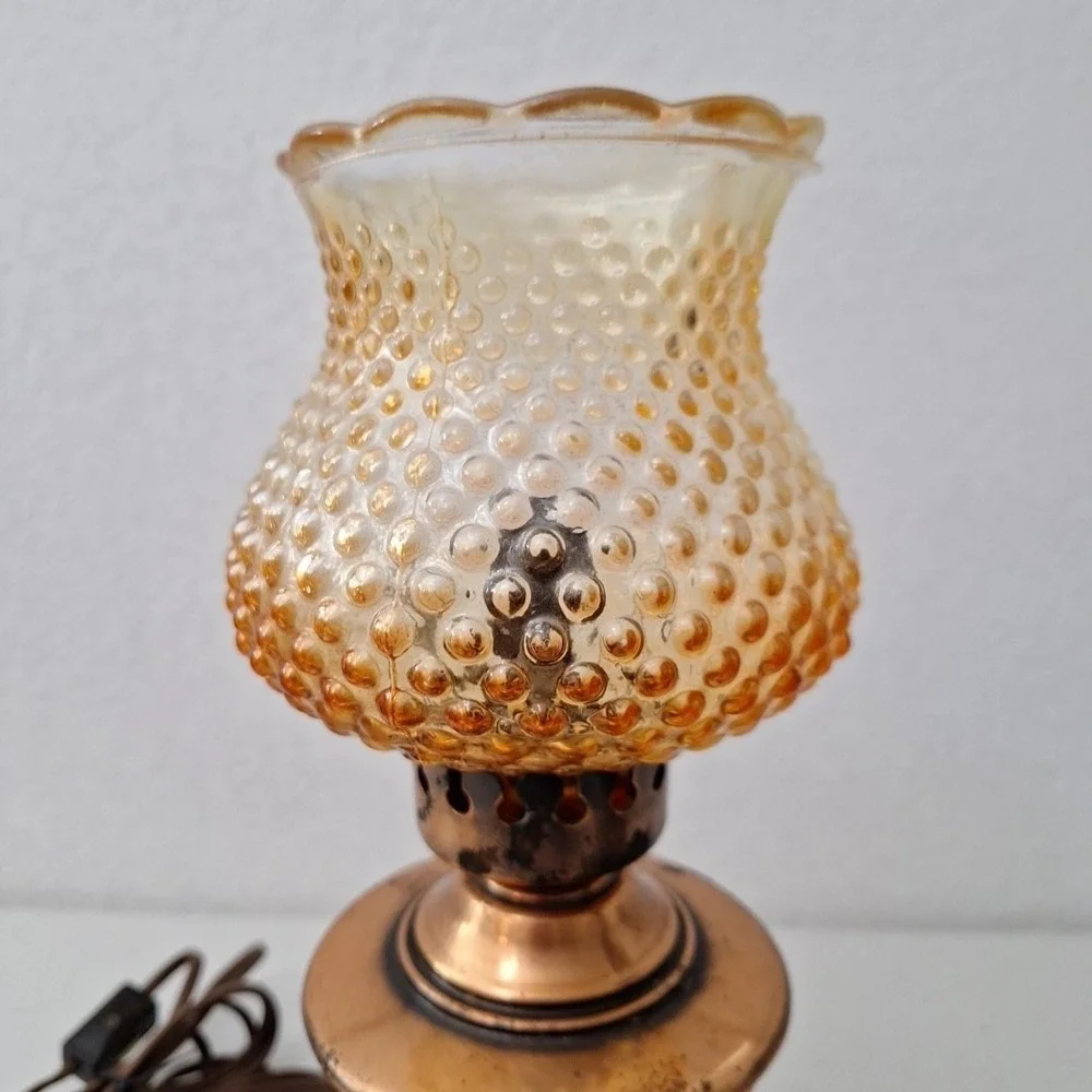 Victorian Style Vintage Table Hurricane Lamp COPPER BASE & AMBER HOBNAIL SHADE